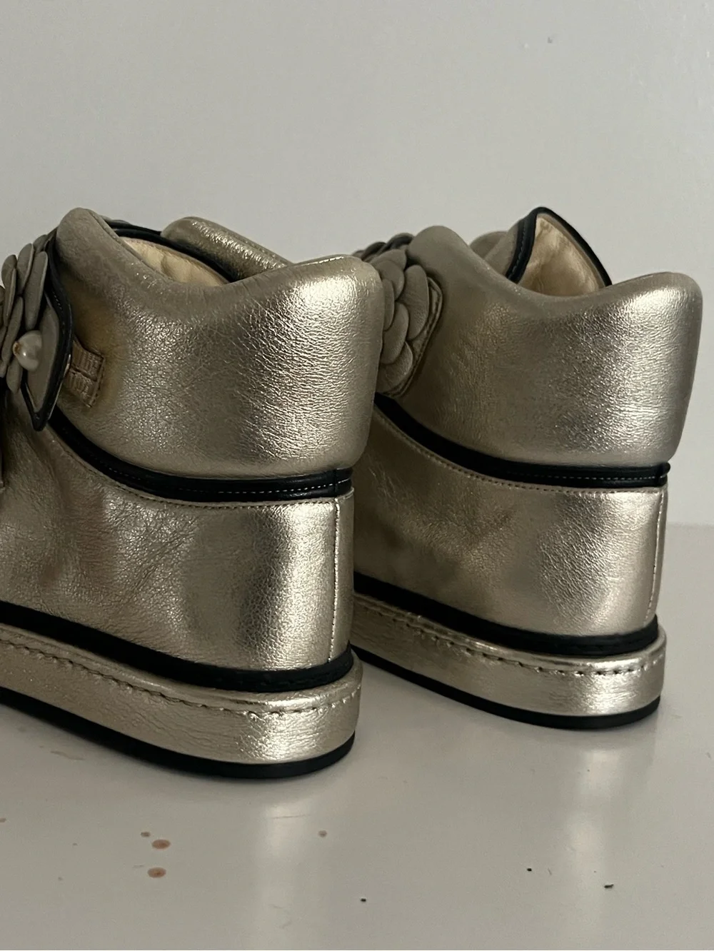 CHANEL Metallic Silver Floral Appliqué Sneakers